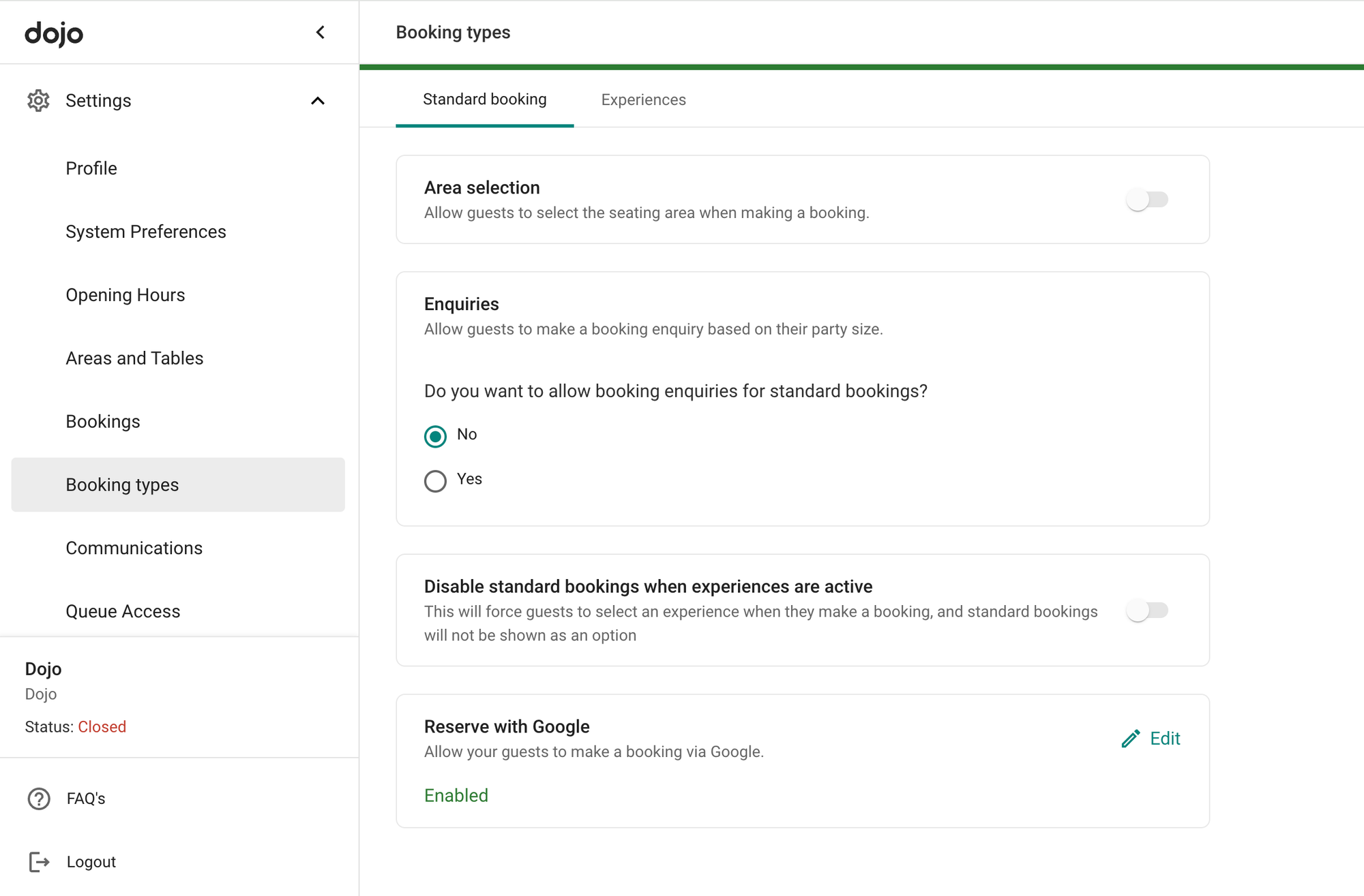 Enabling/disabling bookings through Reserve with Google – Dojo Help Centre